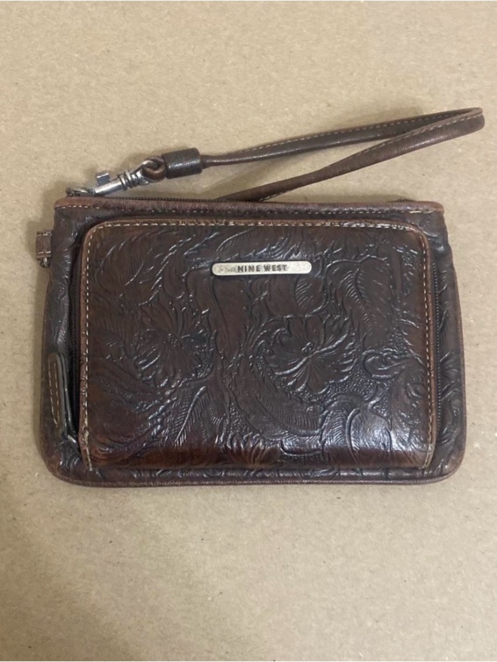 Nine West Dark Brown Embossed Leather Wristlet Wallet